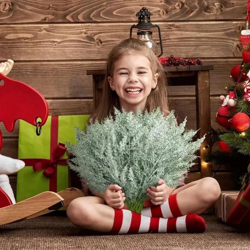 Artificial Christmas Frosted Pine Branches Faux Cedar Branches Fake Snow Sprigs Pine Leaves Plastic Cypress Garland Wreath DIY
