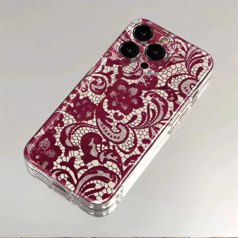 Red Lace Pattern Phone Case For iPhone 17 16 15 11 12 14 13 Pro Max Mini X XS XR 7 Plus 17E Shockproof Soft Cover Shell Fundas