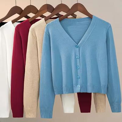 Suéter Cárdigan de Punto Chaqueta con Botones Otoño Invierno Cuello en V Manga Larga Casual Tops Cortos Para Mujer Suéter Gris Blanco