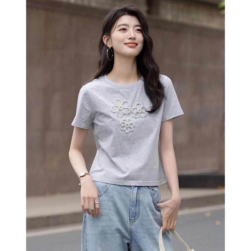Demana Damen Sommer Perlenblume Kurzarm T-Shirt