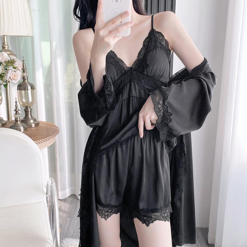1011 spring, summer and autumn new ice silk sexy pajamas women's pure desire lace high waist and thin hanging skirt with chest pad nightgown