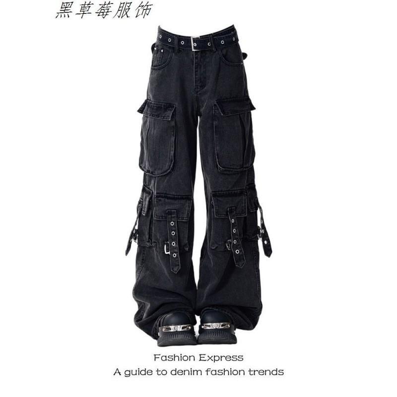 High-Waisted Wide Leg Black Denim Cargo Pants Women Loose Fit Streetwear Trousers With Multiple Pockets XS
