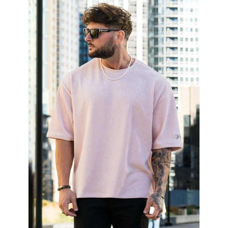 Fashion Men Fitness Short Sleeve Loose-Fitting Casual round-Neck Stripes Plus Size T-shirt Heavy Weight Breathable Fashion Muscle Half Sleeve