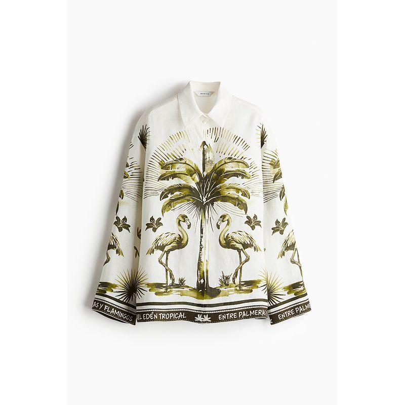 

Hm2025 Лето Новая женская одежда Мода Повседневная Все-в-одном Принт Льняные рубашки 1293396 Cream/Pattern 155/80