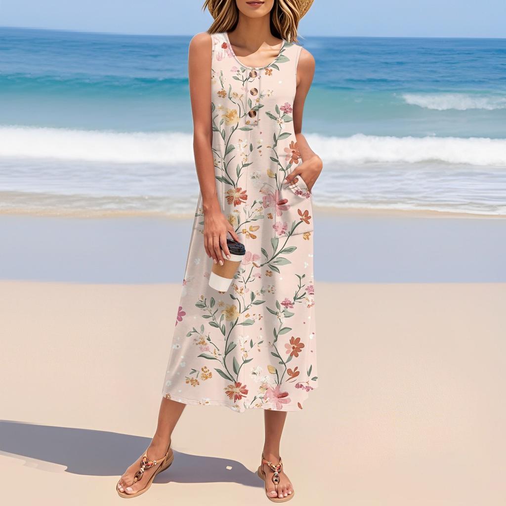 Women's Summer Vintage Floral Patchwork Print Dress Sleeveless Button Down Casual Loose Long Beach Sundress