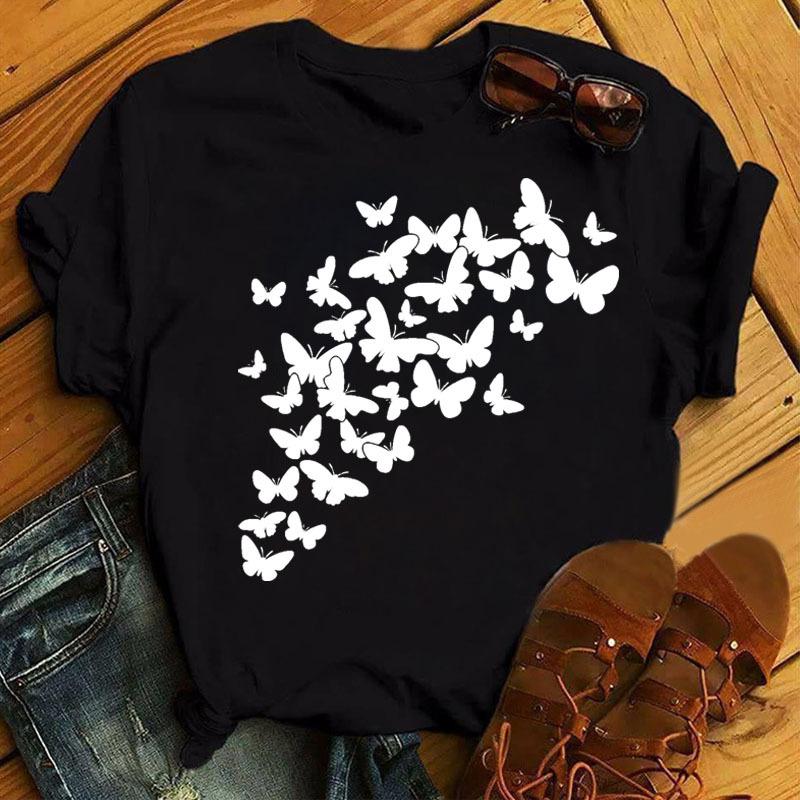 Fashionable Plus Size Color Butterfly Print Simple Base Shirt Loose Fitting Clothes Pure Cotton T-Shirts Women’s