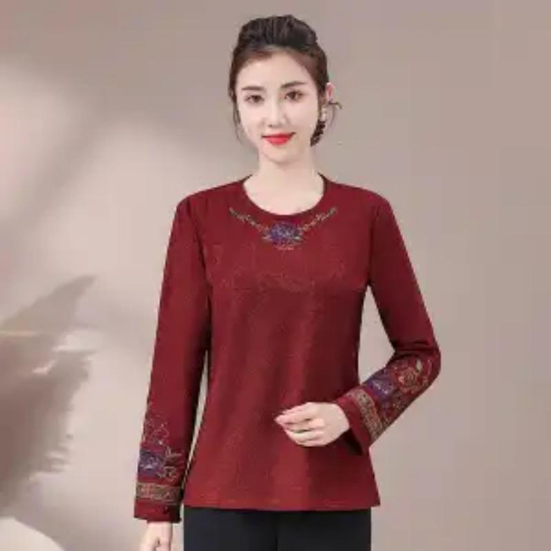 

Autumn Winter Bottoming Shirt Plus Velvet Retro Embroidered Ethnic Style T-shirt, Round Neck Versatile and Elegant Top for Women XL
