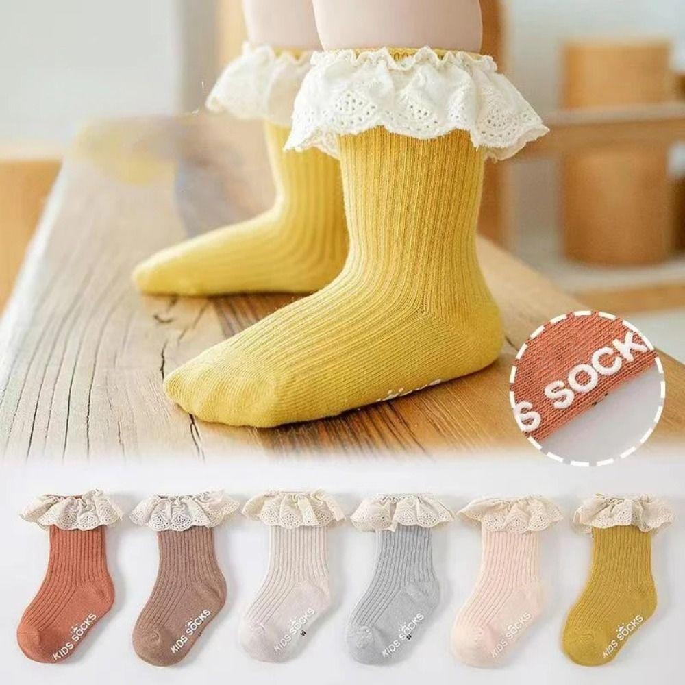Non Slip Dots Kids Mid Calf Socks Lace Trim Girls Socks Cute Baby Socks Toddler Walking