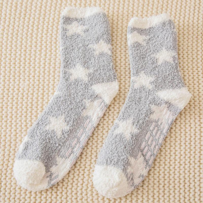 Non-shedding Coral Fleece Socks, Women's Glue Anti-slip Floor Socks, Star Half-fleece Winter Mid-calf Sleeping Socks