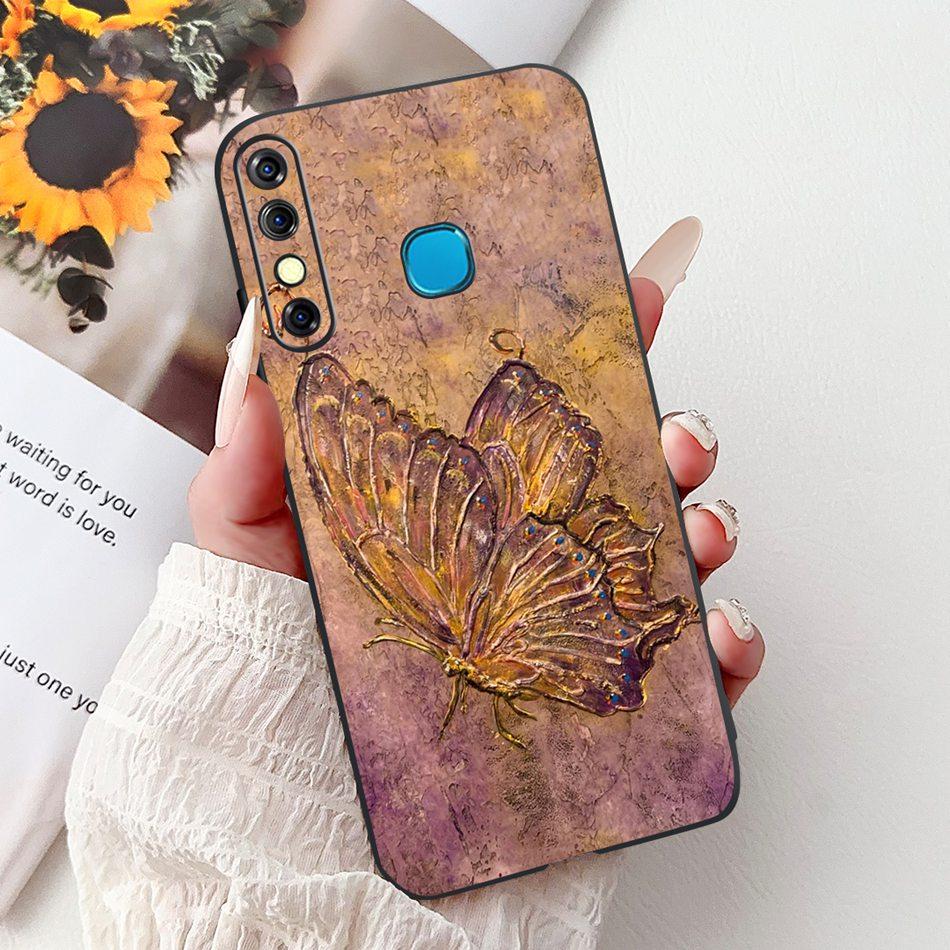 For Infinix Hot 8 Phone Case Hot 8 Lite Hot8 X650 X650C X650B X650D Elegant Floral Cat Pattern Black Silicone Soft TPU Cases