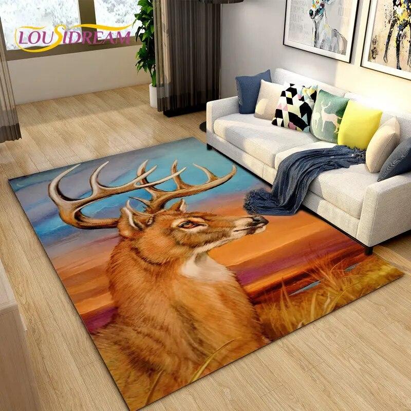 3D Cartoon Nordic Elk Reindeer Area Rug,Carpet Rug for Living Room Bedroom Sofa Doormat Decoration,Child Play Non-slip Floor Mat