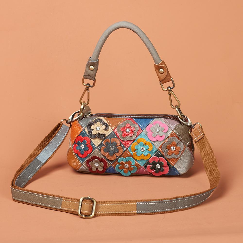 Cowhide Women'S Bag Handmade Design Personalized Flower Color Contrasting Color Dinner Shoulder Messenger Bag Hand Bag