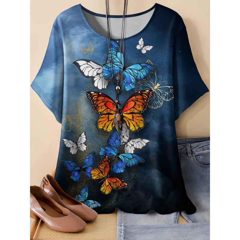 Plus size loose gothic butterfly print round neck short-sleeved T-shirt, casual and comfortable top for women