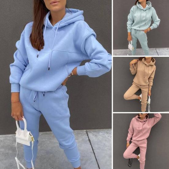 

2 шт./компл., длинный рукав, карманы на шнурке, эластичный пояс, повседневная одежда со средней посадкой, женская весенняя однотонная толстовка с капюшоном, брюки M синий