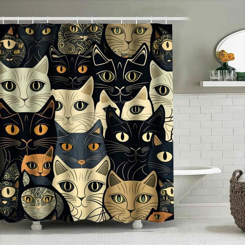 Charming Cats Shower Curtain Black White with Yellow Accents Pattern Decorative Bath Linen Waterproof Fabric Various Sizes Avail
