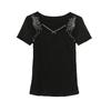 Summer Mesh Black T-shirt Chic Cross Hollow Out Hot Diamonds Tees Sexy Square Collar Short Sleeve Women's Tops Blouse