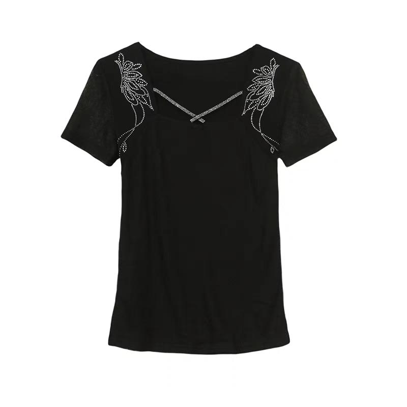 Summer Mesh Black T-shirt Chic Cross Hollow Out Hot Diamonds Tees Sexy Square Collar Short Sleeve Women's Tops Blouse