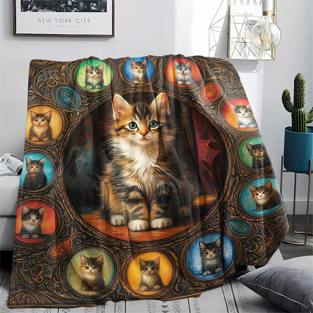 Tabby Cat Print Flannel Blanket, High quality Comfortable for All Seasons, Home Decor, Warmth and Comfort, Perfect for Christmas Gifts