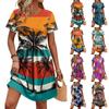 Damen Kurzarm Freizeitkleid Blumendruck Rundhals Taillenband Tasche Leichtes Sommerkleid