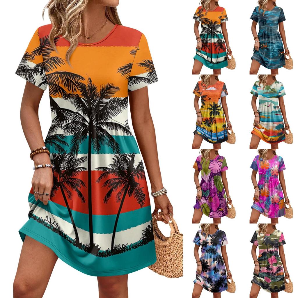Damen Kurzarm Freizeitkleid Blumendruck Rundhals Taillenband Tasche Leichtes Sommerkleid