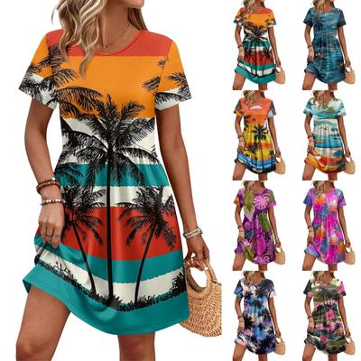 Damen Kurzarm Freizeitkleid Blumendruck Rundhals Taillenband Tasche Leichtes Sommerkleid