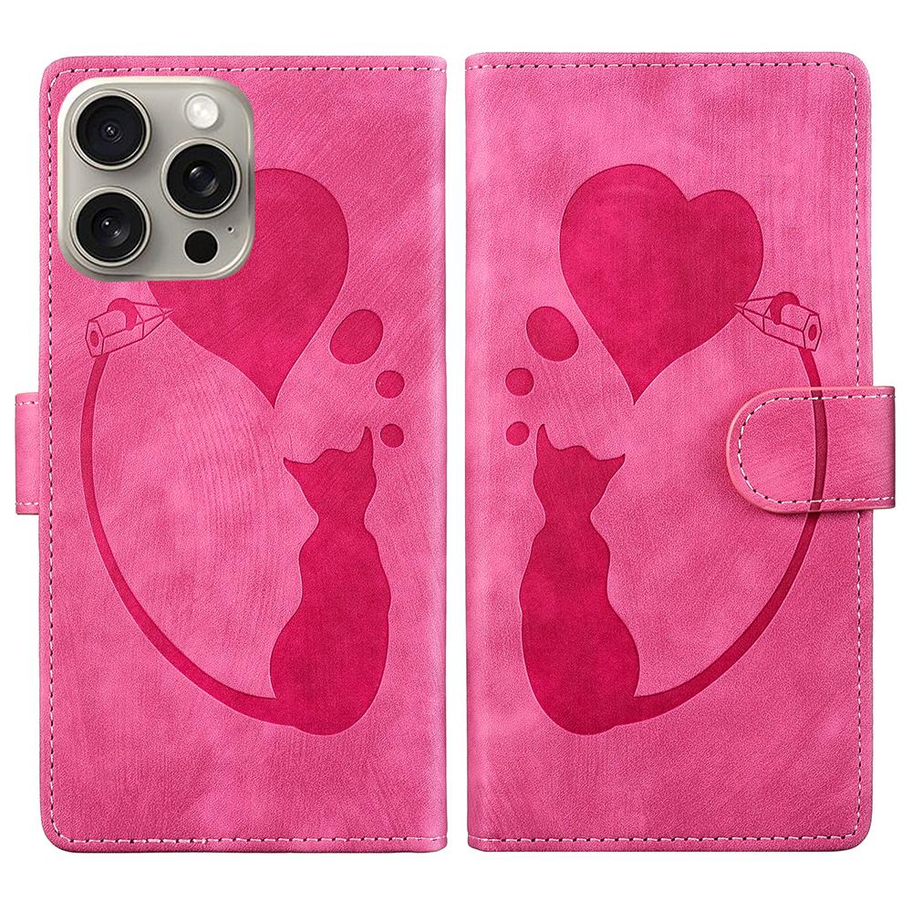 For iPhone 16 Pro Max Case Heart Cat Folding Stand PU Leather Phone Cover