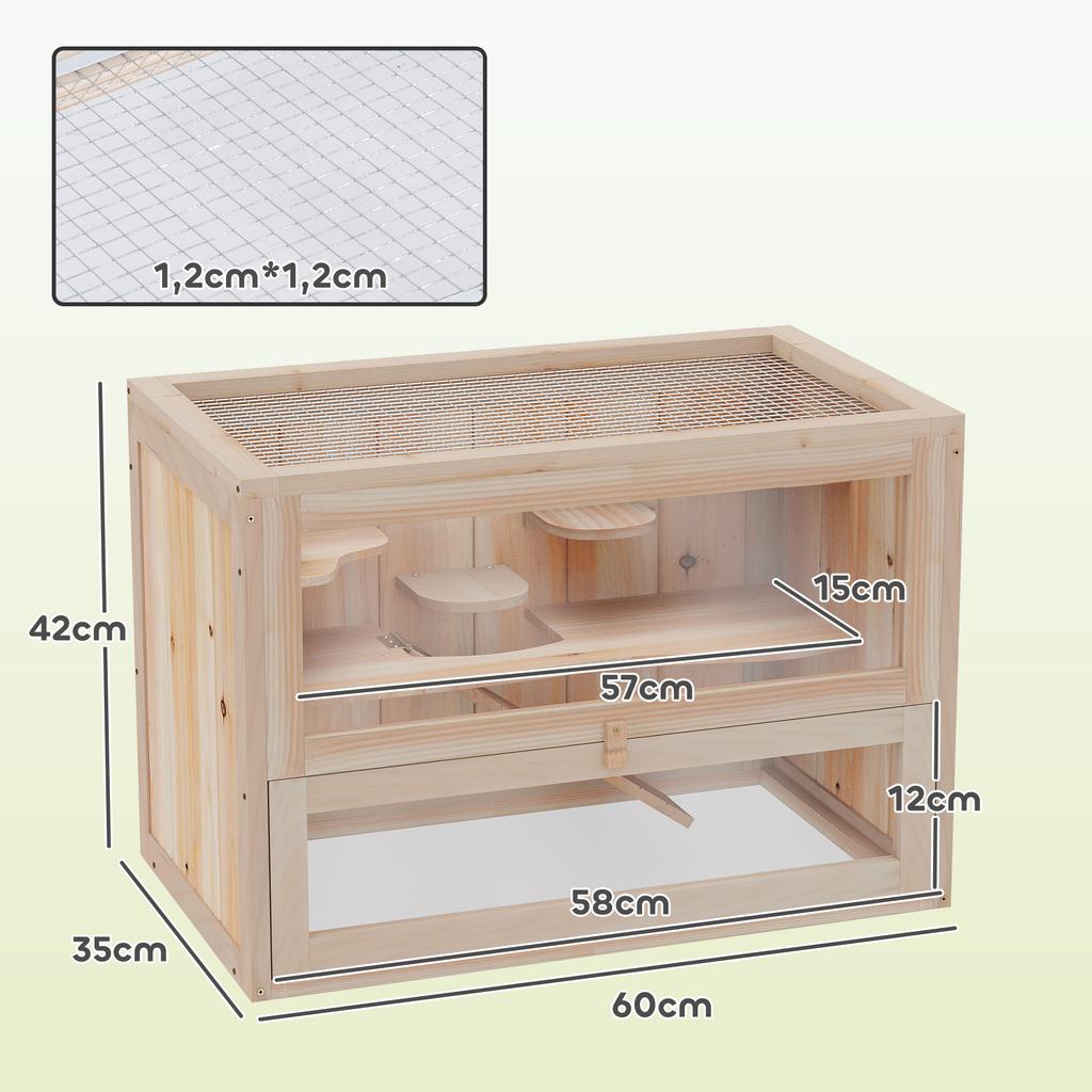 Gabbia per Hamster in Legno Topo Topi Roditore Piccoli Animali Gabbietta Esercizio Casa Giochi 60 x 35 x 42 cm, Finitura Legno Naturale