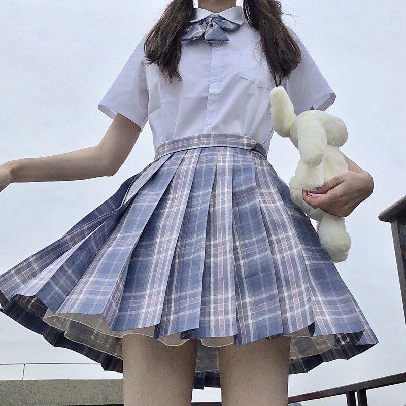 Lemon Sea Salt Plaid School Uniform: Short Sleeve Top & Midi Skirt Set