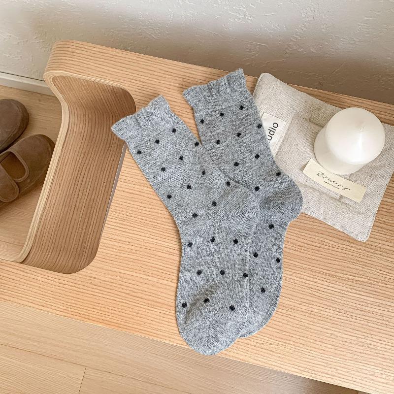 Lace Wool Socks for Women, Mid-calf Socks for Autumn and Winter, Thickened and Fleece, Warm, Polka Dot, Grey, Winter Long Socks