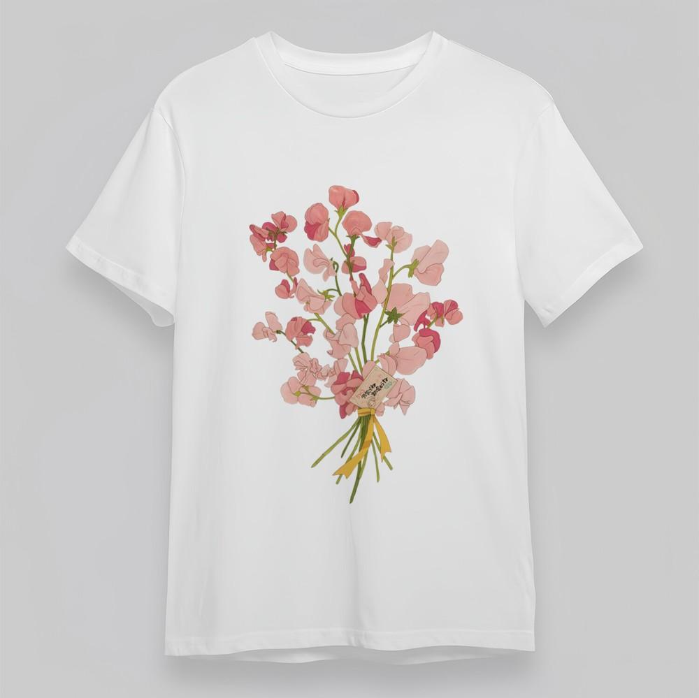 Women's Oversize T-shirt With Delicate Spring Flowers Graphic White 100% Cotton