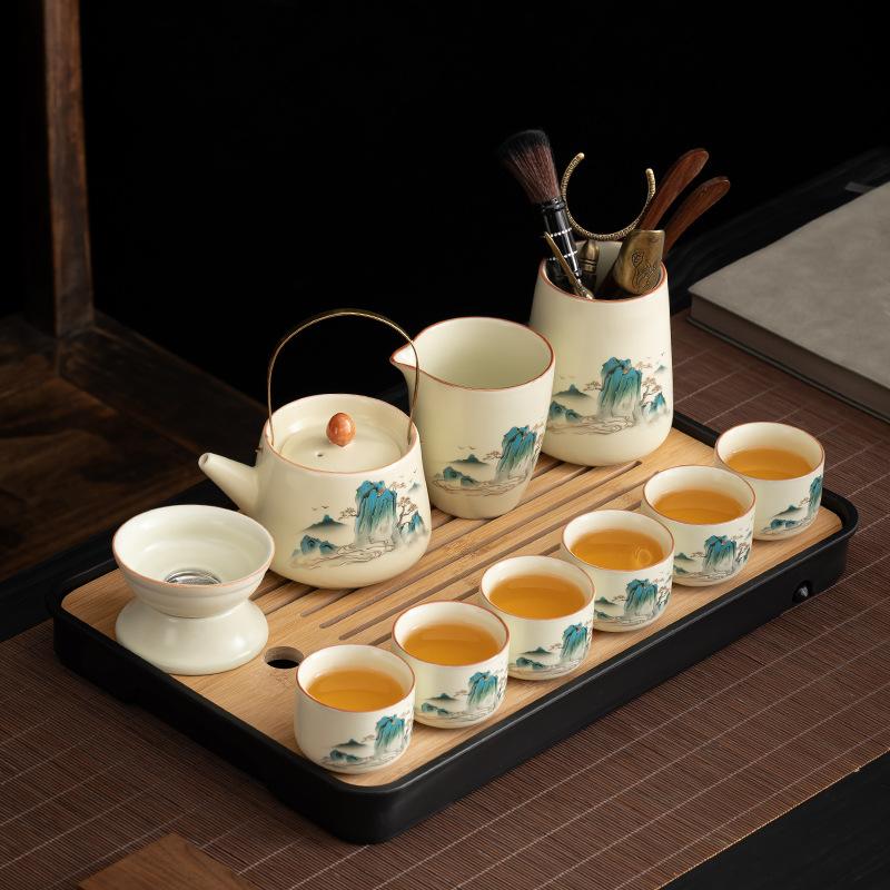 Chinese Ru Kiln Splendid Mountains and Rivers Kung Fu Tea Set Household High-end Brewing Teapot with Tea Tray Business Meeting
