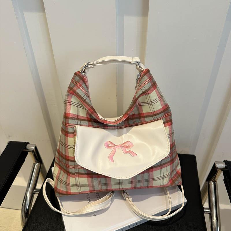 Fashion Multifunctional Contrast Color Plaid Large Capacity Casual Fashion College Sweet Bow One Shoulder Tote Bag Women