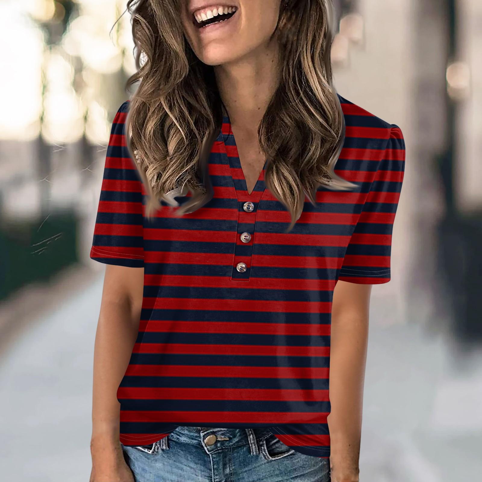 

Женская модная повседневная футболка с полосатым принтом и V-образным вырезом, коротким рукавом, на пуговицах XL винный