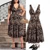 Women's Sleeveless V-Neck Elegant Boho Printed Waist Pleated Plus Size Dress