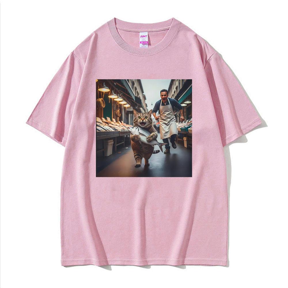 Funny Cat Stealing Fish Print Tshirts Unisex Women Clothing Vintage Casual Oversized High Quality T Shirt Short Sleeves Summer Tee