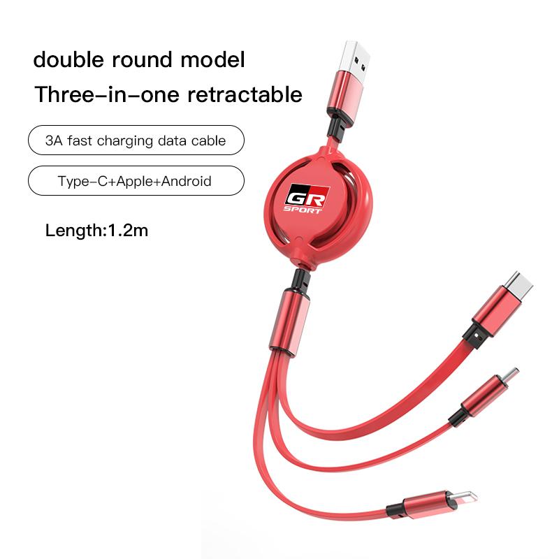 3 In 1 Retractable Mobile Phone Fast Charging Cable For Toyota Corolla Camry Asian Dragon Supra Hilux Land Cruiser GR SPORT TRD