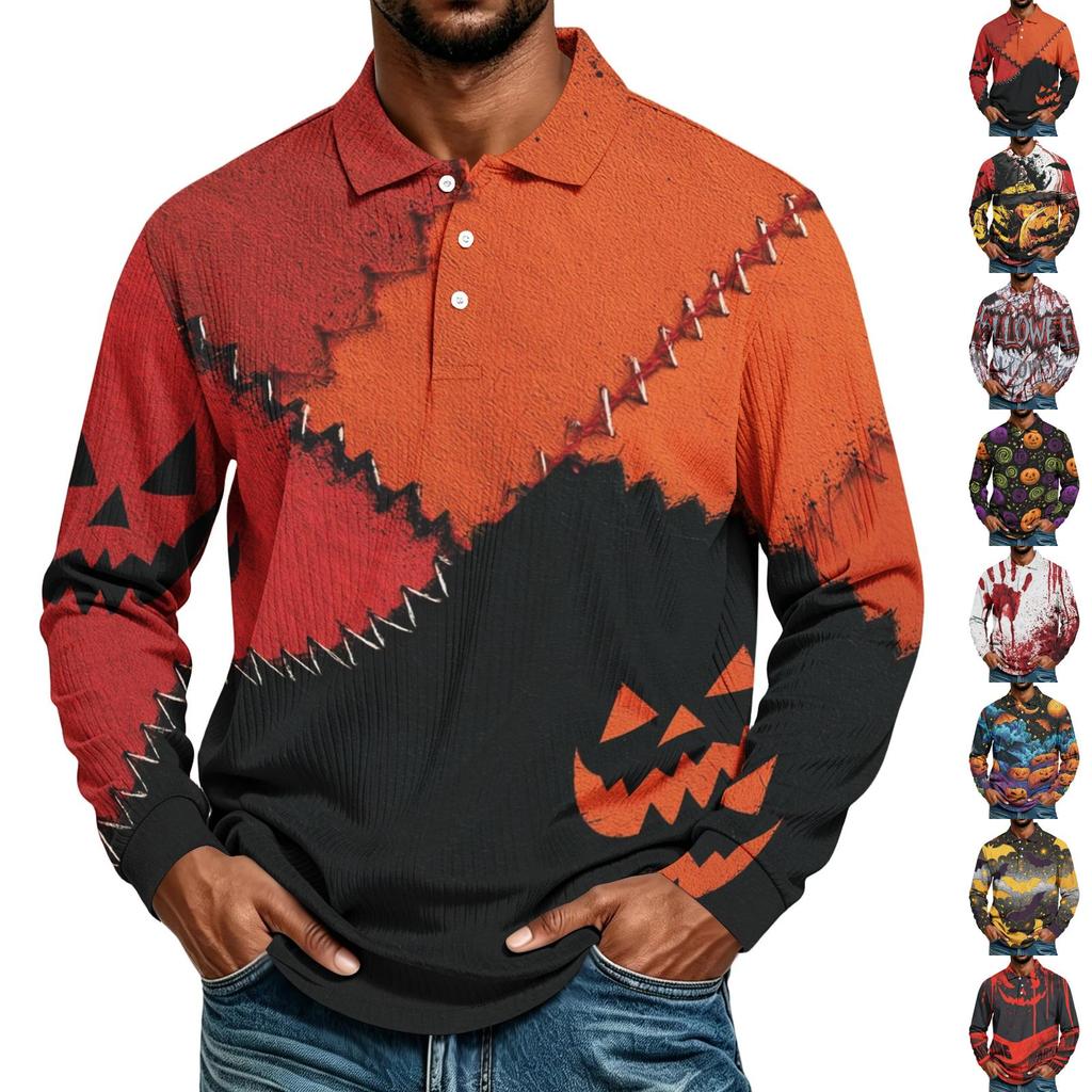 Men's Casual Halloween Print Long Sleeve Shirt Loose Fit