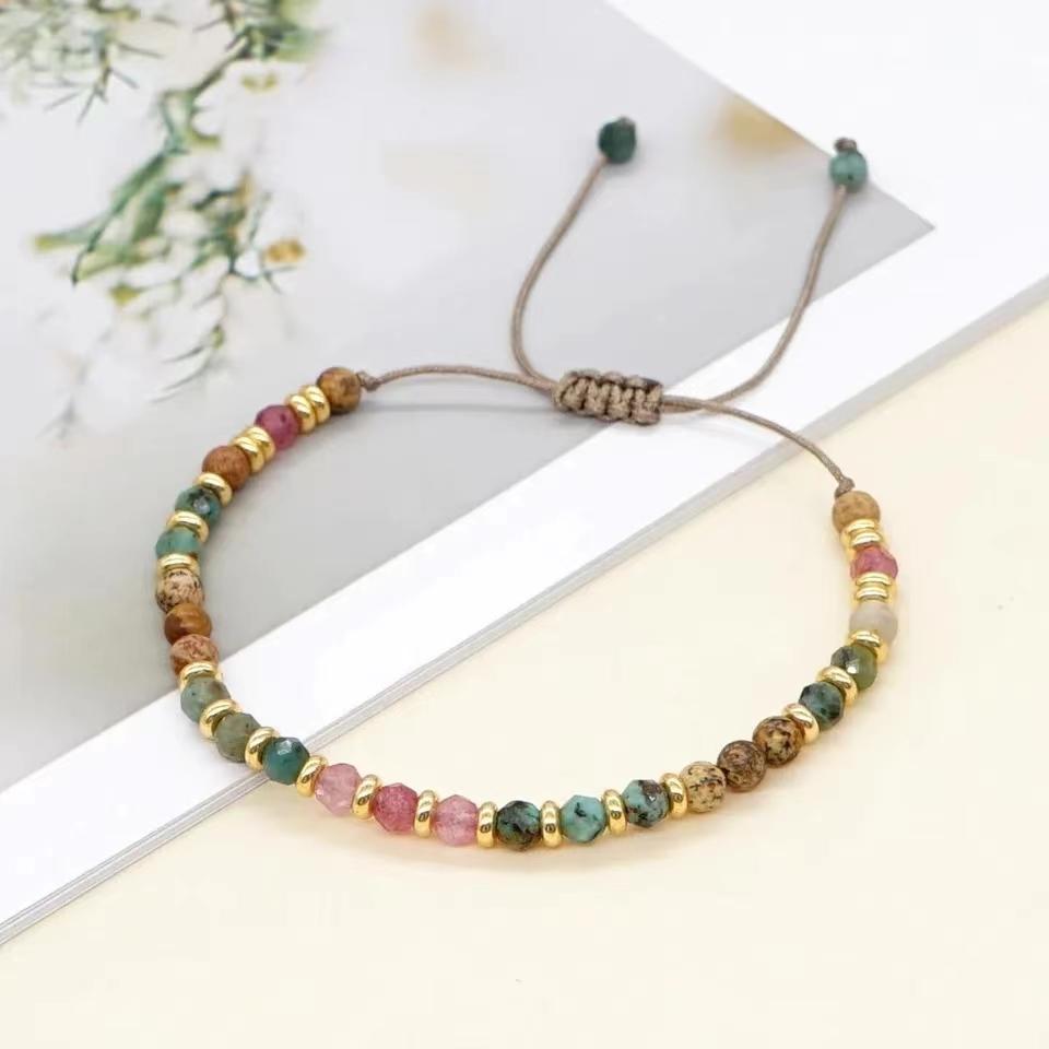 Multi-colored Semi-Precious Stone Gold CCB Bead Adjustable Rope Bracelet Candy Color Bead  Daily Wear Jewelry Beads Color Random