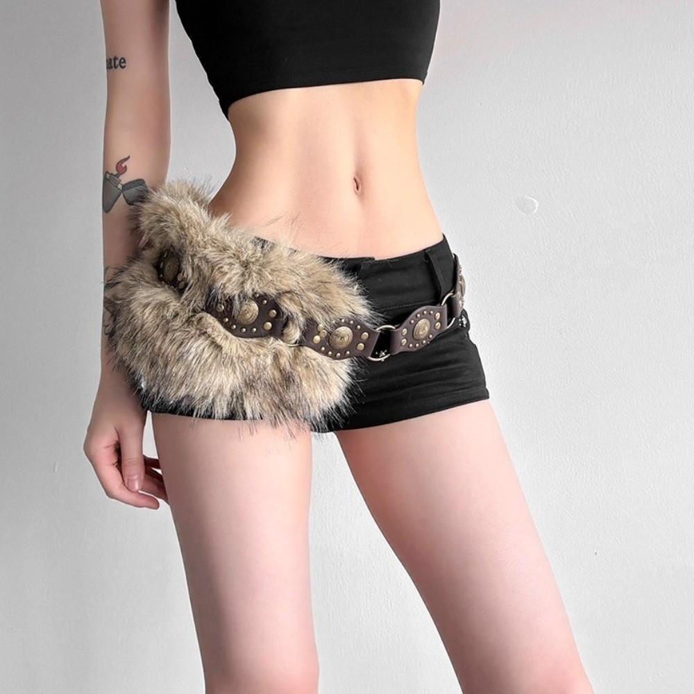 Faux Fur Waist Chain Punk Fur Waistband New PU Leather Fur Belt  Hiphop