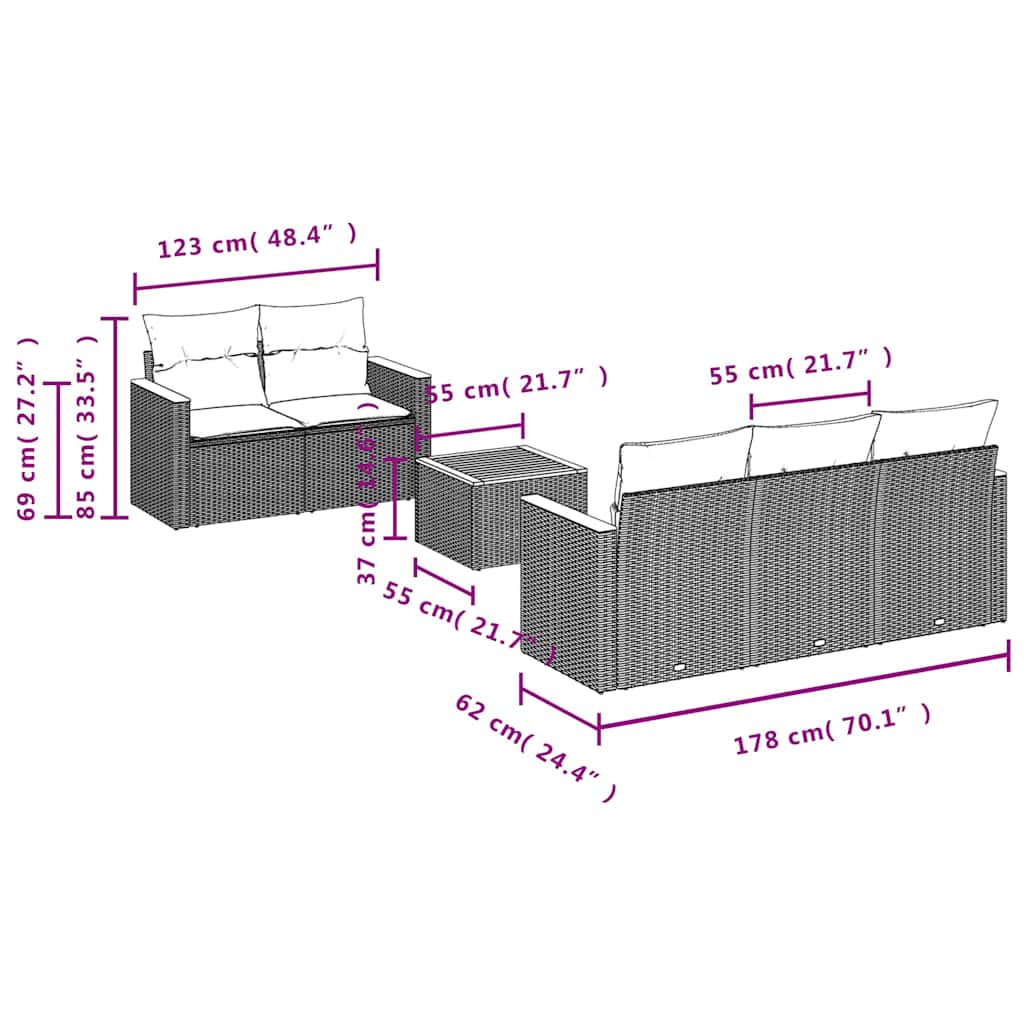 Vidaxl 6-Cz. Gartenmöbel-Set mit Kissen, Schwarzer Polyrattan