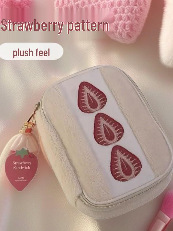 Strawberry Plush Makeup Bag: Large Capacity Travel Essential for Women