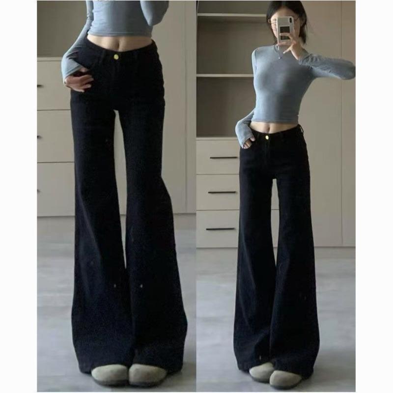 Autumn Winter High Waist Casual Fashion Elastic Flare Jeans Women Vintage All-match Wide Leg Denim Pants Trousers
