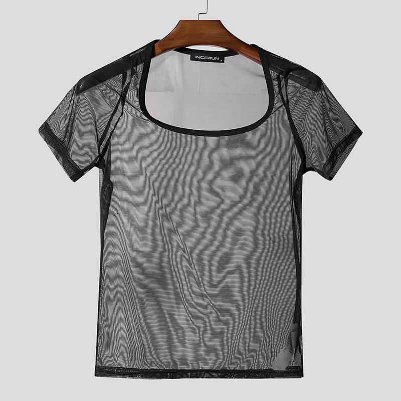 INCERUN Men Short Sleeve Mesh Sheer Sexy Party Club T-shirts Tops