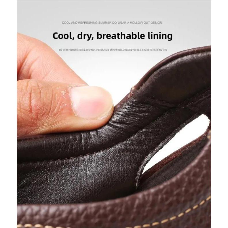 Men's Leather Sandals Breathable Summer Casual Shoes Soft Bottom Anti-Slip Hollow Out Dad Shoes