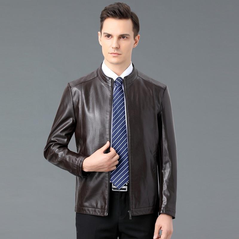 New Style Leather Jacket for Young and Middle-aged Men, Autumn Thin Sheepskin Plus Velvet Stand Collar Leather Jacket, Men's Dad Wear