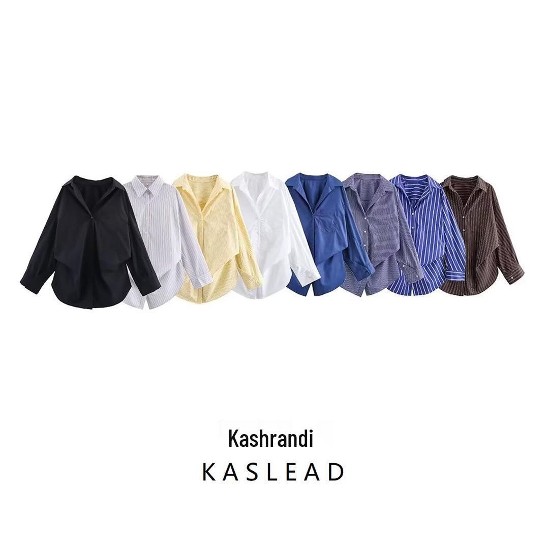 

2024 Winter Women s European & American Style Striped Cotton Batwing Sleeve Shirt with Turn-Down Collar Small