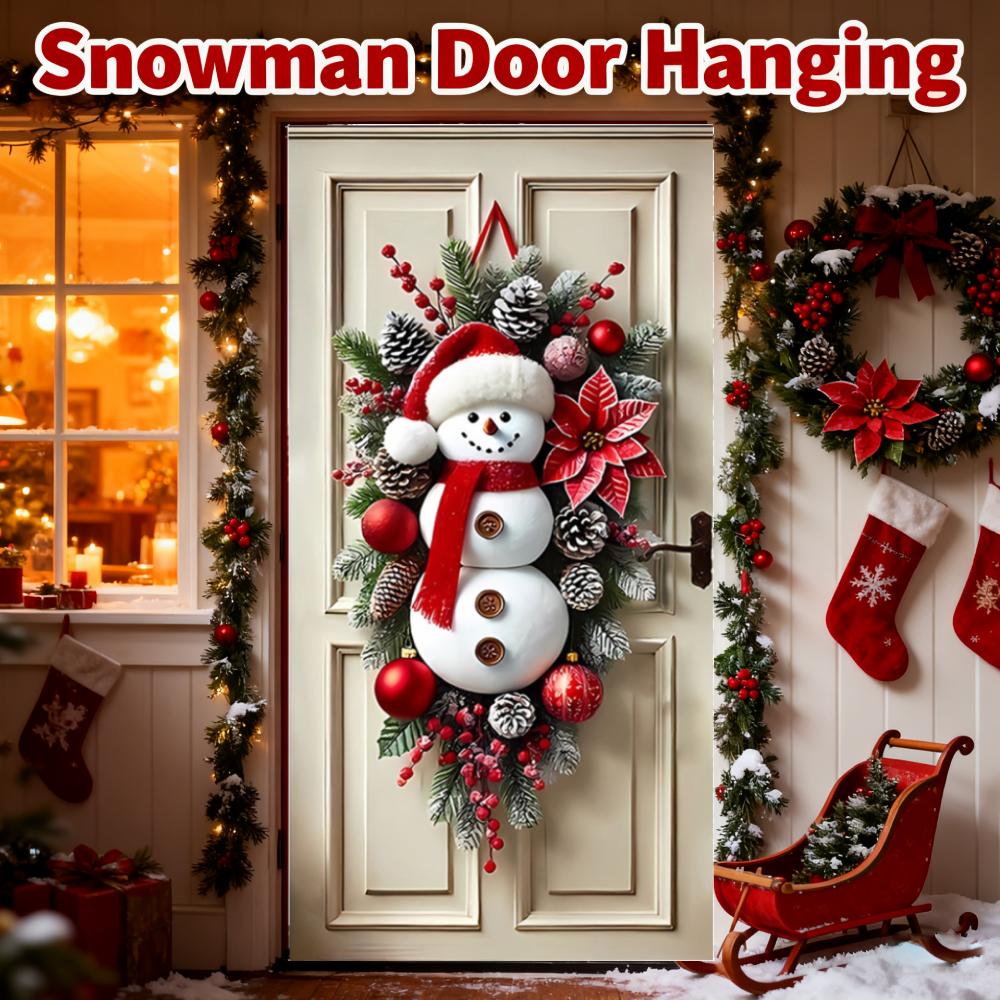 Christmas Tree Christmas Snowman Wreath with Scarf for Front Porch Indoor Outdoor Holiday Decor Festive Decor