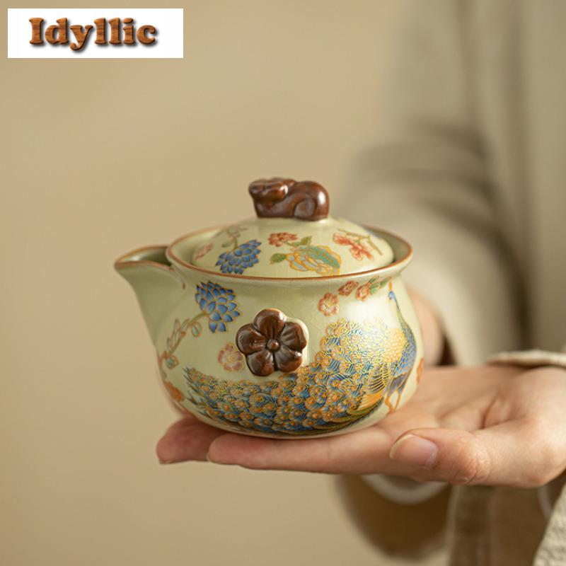 200ml Ru Kiln Flowers and Birds Hand Grab Teapot Elegant Tea Infuser Pot Tea Maker Kettle with Strainer Drinkware Collection