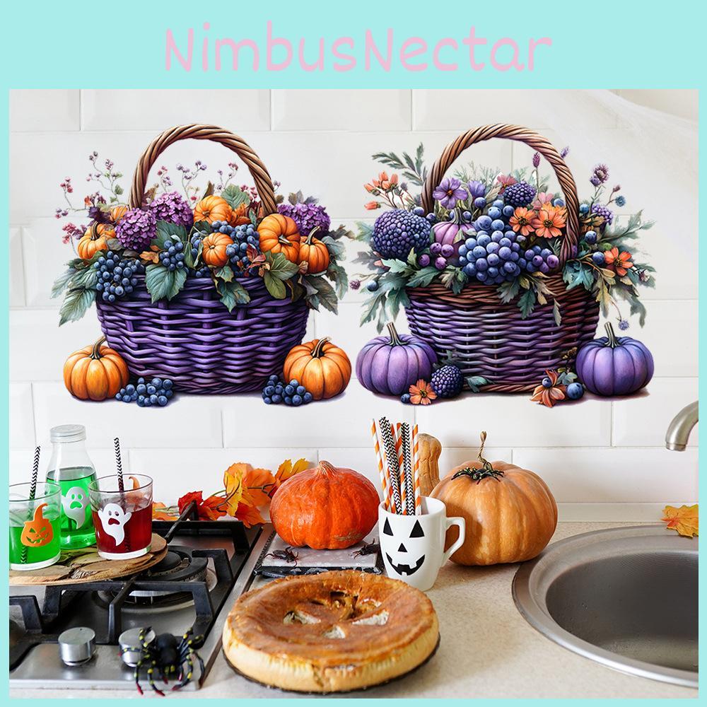 Halloween Pumpkin Flowers Fruit Basket Glass Showcase Home Decor Wall Stickers