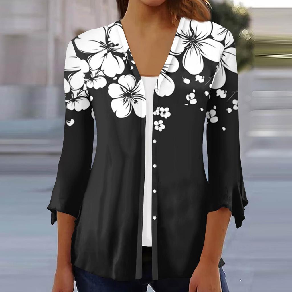 Women's Fashion Loose Casual Printed Seven-Part Sleeve Button Down Blouse Cardigan Top